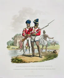 Infödda trupper i Ostindiska kompaniets tjänst: en sergeant och en privat grenadjär Sepoy från Bengalarmén, graverad av Joseph Constantine Stadler, 1815 (akvatint)