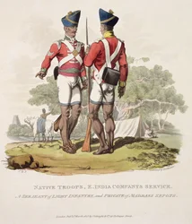 Infödda trupper i Ostindiska kompaniets tjänst: en sergeant för lätt infanteri och en menig från Madras Sepoys, graverad av Joseph Constantine Stadler, 1815 (akvatint)