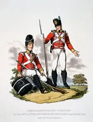 Uniform för grenadjärer och lätt infanteri från 20:e regementet eller Worcestershire-regementet, från "Costume of the British Empire, according to the Last Regulations", publicerad 1813 (handkolorerad akvatint)
