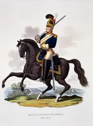 Uniform för Royal Horse Guards ”The Blues”, ur ”Costume of the British Empire, according to the Last Regulations”, utgiven 1812-15