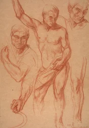 Manlig figurstudie med omstudier av huvud, armar, axlar och ben (skisser för mittpanelen av "Autumn"), 8 april