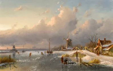 Ett vinterlandskap med väderkvarnar och skridskoåkare på en frusen vattenväg, 1840-50-talen
