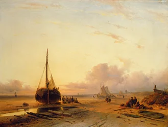 Strandscen med fiskebåtar