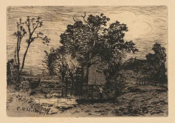 [Stuga och två figurer i en båt], 1878.