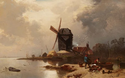 Tyska: Bockwindmühle an einem Seeufer Postkvarn vid stranden av en sjö