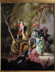 Country underhållning Gallant Scene under en promenad av adelsmän. Målning av Charles Gustave Housez (1822-1880) 1800-talet. Privat samling