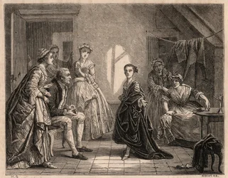Mademoiselle Clairons barndom: den unga Claire-Josephe (Claire Josephe) Leris (1723-1803) reciterar verserna i pjäsen hon just har sett. Hon blev komiker under namnet "Mademoiselle Clairon" eller ""La Clairon". Gravyr av 1862 från painti