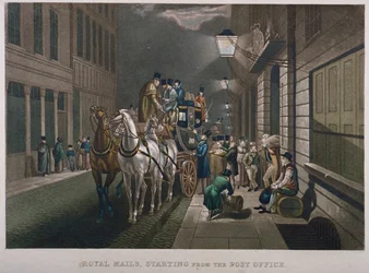 Postbuss utanför General Post Office, Lombard Street, City of London, 1827