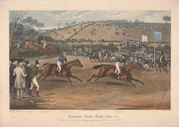En av en uppsättning om fyra: Leamington Grand Steeple Chase ... 1837. Plåt 4. Marqs of Waterford on Monarch ...