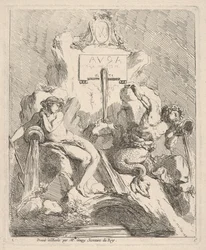 Design för en fontän med en sittande nymf till vänster och triton som håller ett skal mot munnen ..., 1768.