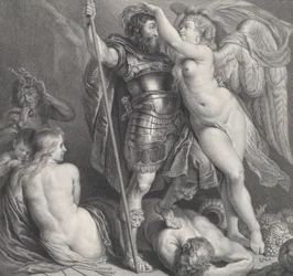 Hjälte krönt av Victory, som sätter en lagerkrans på hans huvud, Venus och Amor vid..., ca. 1735-61.