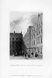 Exteriör av Charles Macklins sista bostad, Tavistock Row, Covent Garden, 1840.