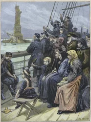Judiska immigranter anländer till New York, USA 1892 - Judiska flyktingar från Ryssland passerar den kolossala statyn i New Yorks hamn - gravyr av Charles Joseph STANILAND- "" Ankomst av judiska emigranter till New York 1892, illustration av Charles Joseph