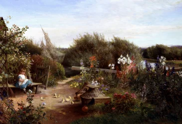 I trädgården. En liten flicka sitter på en bänk i en trädgård och ger fröer till kycklingar. Målning av Charles James Lewis (1830-1892 brittisk) Privat samling