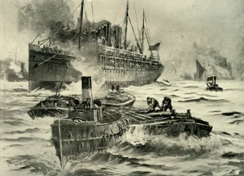 "Krigets utbrott - Transport som lämnar England för Kap", 1900.
