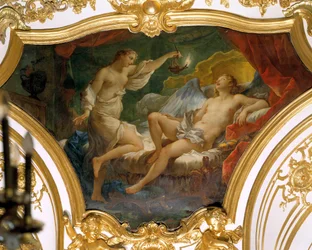 Psyche höjer sin lampa för att begrunda sin fru Eros (eller kärlek) Takmålning av Charles Joseph Natoire (Charles-Joseph Natoire