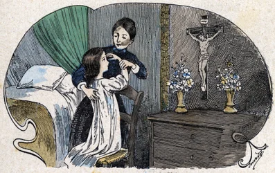 Korsets tecken. i "" All religious eignement - I believe in gods"", sd., illustration från sent 1800-tal av Jouvenot. Katekes bibliotek. Paris. Leemage samling
