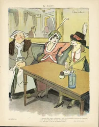 Illustration av Chas-Laborde (1886-1941) i Le Smile, nr 9, 27/02/13 - Företag - Restaurangkaféer, Mode, Hatt - Cupidite, Girighet - Kvinnor