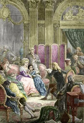 Salongen av Suzanne Curchod och Madame Necker (gravyr)