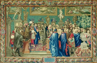 Publik beviljad av Ludvig XIV (1638-1715) till greven av Fuentes, kunglig ambassadör för Filip IV av Spanien, vid Louvren, 24 mars 1662, Gobelins verkstad (gobeläng)