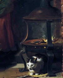 Katt under brinnande brazier, detalj från Infant Jesus Sleeping, målning av Charles Le Brun (1619-1690), olja på duk, 87x118 cm, Frankrike