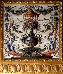Dekorativ panel av matsalen i Chateau de Vaux Le Vicomte (Vaux-le-Vicomte). Målning av Charles Lebrun (Le Brun) (1619-1690) 1656 Chateau de Vaux-le-Vicomte i Seine et Marne.