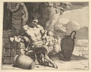 Kväll: en sittande satyr spänner om sitt barn, en figur hänger en girland på en brygga bortom, f..., ca. 1640.