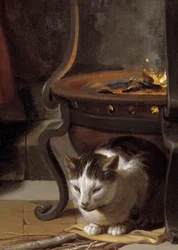 The Sleep of the Child Jesus Detalj som visar en katt som sover under spisen. Målning av Charles Lebrun (Le Brun) (1619-1690) 1655 Sön. 0,87x1,18 m