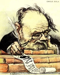 Tecknad av Emile Zola (1840-1902) skriver, uppenbart saknad inspiration - Illustration av Charles Leandre i "The Rire""