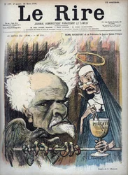 Henri Rochefort och hans skyddshelgon det goda helgonet Pelagie (Prison de la Sainte-Pelagie) - karikatyr av Charles Leandre (1862-1934) i "" Le Rire"" den 26 mars 1898