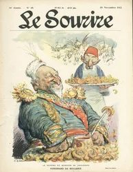 Illustration av Charles Leandre (1862-1934) för omslaget till Le Smile, nr 48, 28/11/12 - Croissantätarens leende - Turkiet, Orienten, Balkan, Bulgarien - Ferdinand de Bulgaria