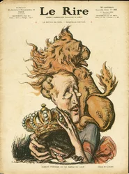 Illustration av Charles Leandre (1862-1934) i Le Rire, 01/01/10 - Belgien - Lion/Tiger, Albert 1er (Belgien)