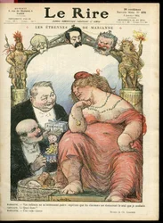 Illustration av Charles Leandre (1862-1934) för omslaget till Le Rire, 03/01/14 - Les strennes de Marianne - Tribun - Clemenceau George, Jaures Jean, Briand Aristide, Marianne, Caillaux Joseph (1863-1944)