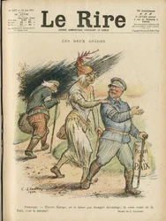 Illustration av Charles Léandre (1862-1934) för omslaget till Le Rire, 24/06/22 - De två vägvisarna - England, Storbritannien, Europa, republikens president, fred, hatt - Raymond Poincaré, David Lloyd George (1863-1945)