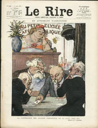 Illustration av Charles Leandre (1862-1934) i Le Lire, 06/08/21 - Under tiden Washington - Val, republikens president - Marianne, Fallieres Armand, Poinsare Raymond, Deschanel Paul - Kortspel