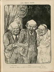 Illustration av Charles Leandre (1862-1934) i Le Rire, 03/06/22 - The Three Popes - England Storbritannien, U.S.R., Verifieringsdatum, Reichstag - Lenine, Lloyd George, Pius XI