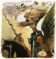 Paul Déroulède (1846-1914), fransk författare och nationalistisk aktivist, en viktig person inom antidreyfusismen, karikerad av Charles Léandre som riddaren Don Quijote: på väg för att kämpa mot väderkvarnar bär han under armen en resväska märkt ”Élysée”.
