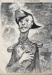 Skådespelarna i den stora Dreyfussiska komedin - Porträtt av Raoul Le Mouton de Boisdeffre (general från Boisdeffre) (1839 -1919), fransk militär - tecknad av Charles Leandre (1862-1934) i "" Le Rire"""
