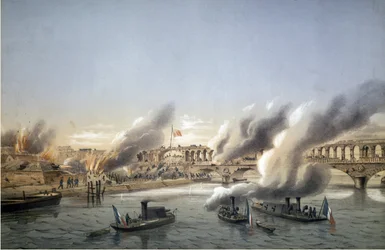 Paris kommun, Bloody Week. """" La Flotille de la Seine tvingar in Paris till Barricade du Point du Jour den 21 maj 1871 - graverad av Charles Leduc (1831-1911)