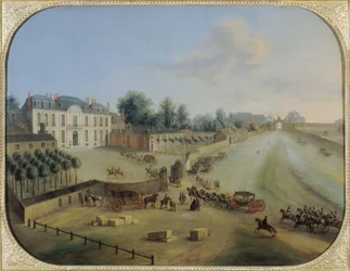 Utsikt över Chateau de la Muette med ankomsten av kung Ludvig XV (1710-74), ca 1738 (olja på duk)