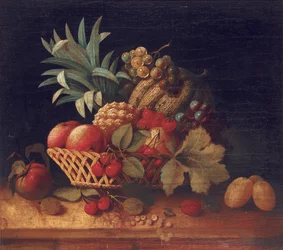 Vindruvor, plommon, körsbär, persikor, ett äpple, en ananas och en melon, i en flätad korg