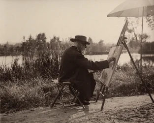 Målaren Lhermitte Léon (1844-1925), medan han arbetade på Marnes sidobank, inte långt från sin egendom, ca 1914-1915, Frankrike