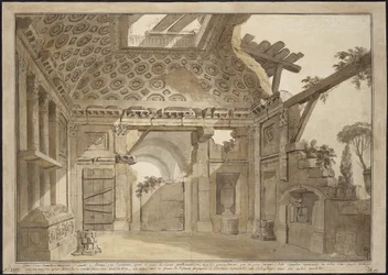 Design för målningarna i fader Lesueurs cell i klostret Santissima Trinita dei Monti i Rom - Charles Louis Clerisseau (1722-1820). Penna, pensel, grått och brunt bläck, vit färg på papper, ca 1760. Mått: 36,9x53 cm. State Hermitage,