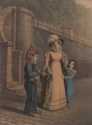 Pojke med en apa på axeln som tar emot mynt från en mor och dotter, 1803-40.