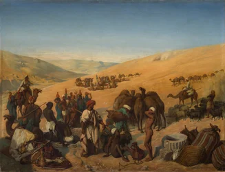Stopp av karavaner vid brunnarna i Saba Beersheba i öknen söder om Hebron, 1850.