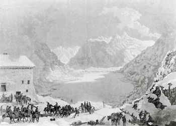Franska armén av förste konsul Napoleon Bonaparte (1769-1821) vid Great St Bernard Pass Hospice, 20 maj