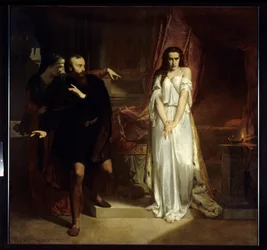 Lady Macbeth. Illustration till William Shakespeares pjäs "Macbeth". En kvinna i nattlinne förödmjukas av en annan kvinna framför en rädd man. Målning av Charles Louis Muller (1815-1892), 1848, Amiens, Musée de Picardie.