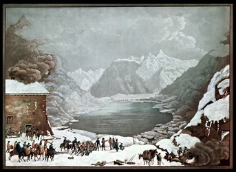 Napoleon Bonaparte (1769-1821) på St. Bernard Pass Hospice, 20 maj 1800, graverad av Merou (akvatint)