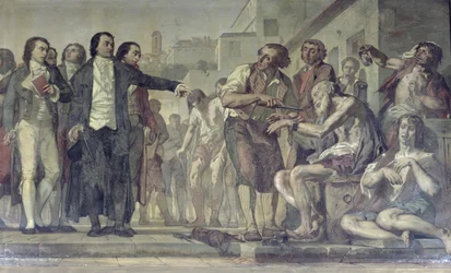 Philippe Pinel 1745-1826 befriar psykiskt sjuka från deras kedjor på Bicêtre-asylen i Paris år 1793, ca 1840-50, detalj av 163956