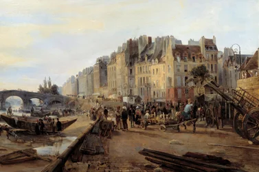 Marie Bridge och Saint Paul Harbour omkring 1825. Utsikt över Paris. Detalj. Målning av Charles Louis Mozin (1806-1862)